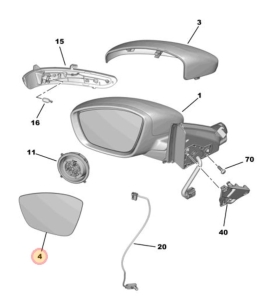 szkło lusterka lewe peugeot 208 od 2019r. 